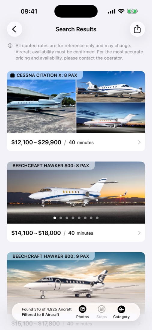 Yond app — search results with estimated prices per aircraft